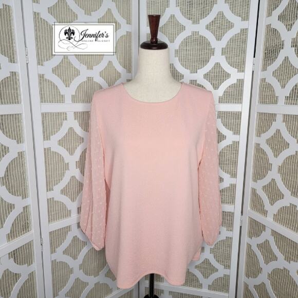 Elle Women's Pink Sheer Swiss Dot Long Sleeve Blouse with Scarf Size L - Picture 4 of 15